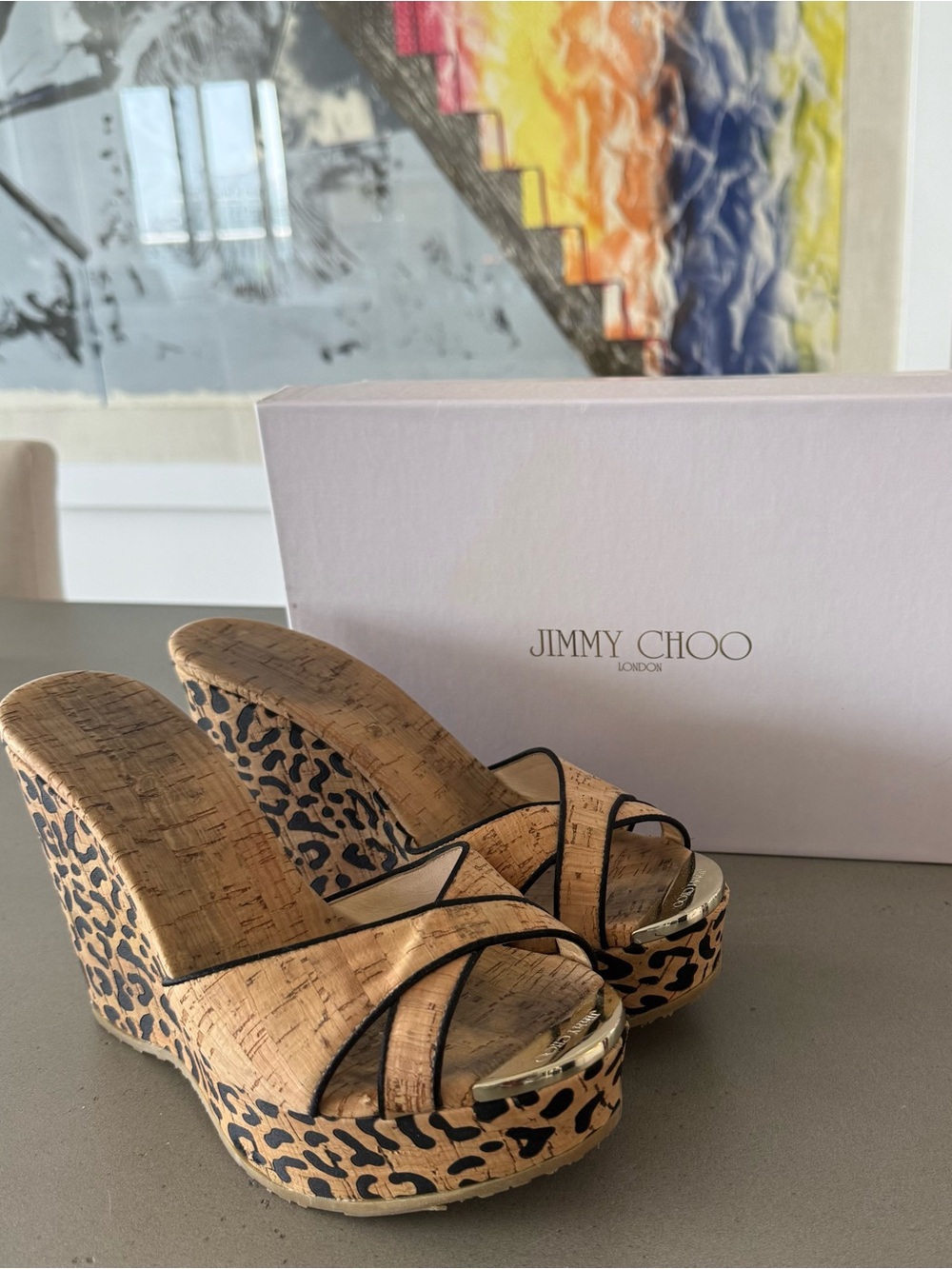 Jimmy Choo Leopard-Print Cork Wedge Sandals with Black Trim